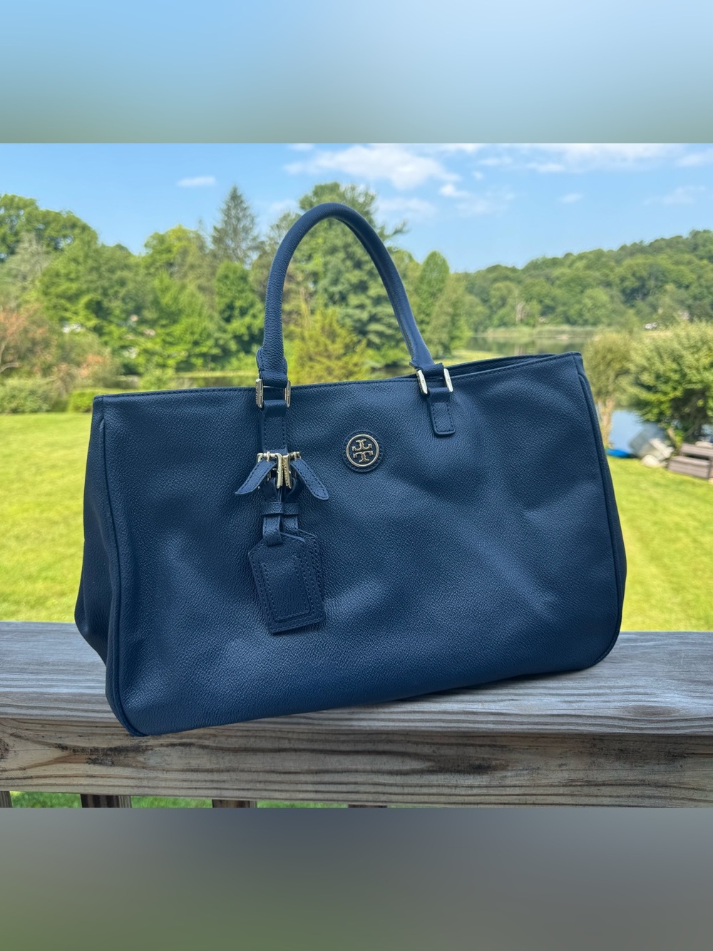 Tory Burch Deep Navy Leather Tote with Gold Accents